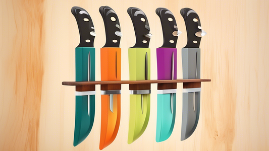 Create an image of a sleek and organized DIY knife storage rack, showcasing various knives neatly arranged in a custom-made wooden rack with clear instructions on how to build it. The rack should emphasize efficient storage, easy access, and a modern