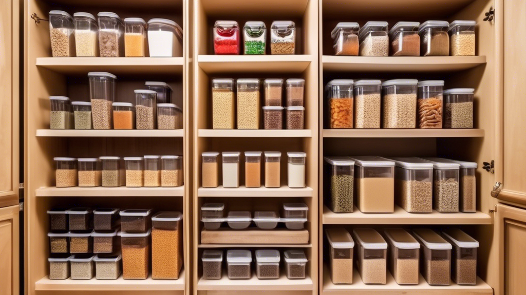 Create an image of a fully stocked and organized kitchen pantry with a variety of stackable food containers neatly arranged on the shelves. The containers should be clear or transparent, showcasing different types of food items stored inside such as 