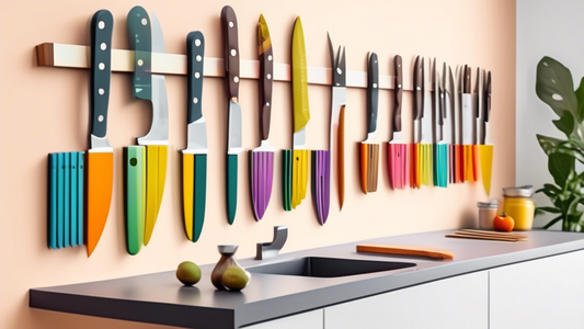 Create an image of a kitchen with a step-by-step guide on installing a magnetic knife strip. Show a person marking the wall, installing the strip with screws, hanging the knives, and finally, admiring the organized display.