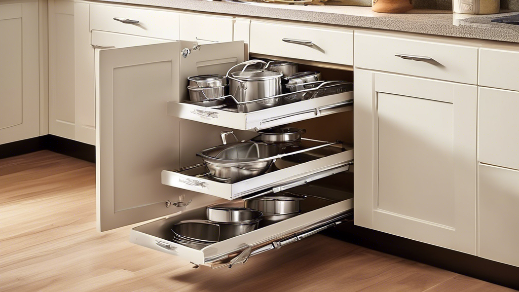 Create an image of a sleek and organized kitchen cabinet with roll-out organizers specifically designed for pots and pans. Show a variety of sizes and configurations of the roll-out organizers, highlighting their efficiency in maximizing space and ea