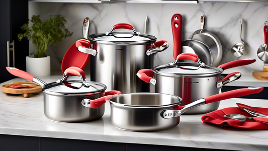 Create an image of a sleek and modern stainless steel cookware set with silicone handles, displayed in a well-lit kitchen setting. The set should include a variety of pots, pans, and lids, showcasing the high-quality materials and ergonomic design of