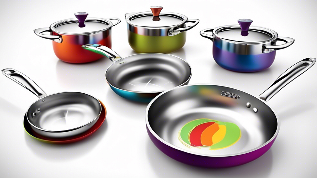 Create an image of a sleek and modern kitchen countertop with 5 different sets of stainless steel cookware, each set prominently displaying unique and convenient measurement markings on the inside for easy cooking and meal preparation. The cookware s