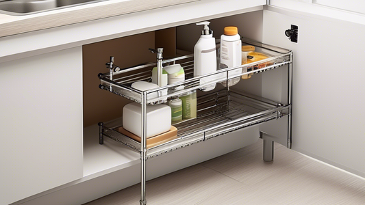 Create an image of a versatile under sink shelf with an adjustable stainless steel design. The shelf should showcase its ability to maximize storage space under a sink, with various items neatly organized on the shelf to demonstrate its functionality