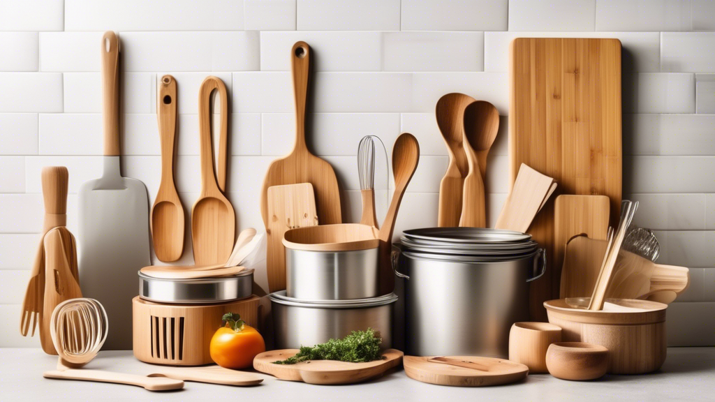 Create an image of a variety of eco-friendly kitchen tools showcased in a modern and sustainable kitchen setting. Include items such as bamboo utensils, stainless steel straws, reusable food wraps, glass food storage containers, and compost bins. The