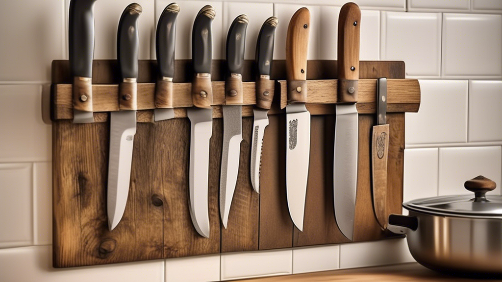 Create an image of a rustic knife holder in a farmhouse kitchen setting. The knife holder should be made of natural materials such as wood or metal, with a design that complements the farmhouse aesthetic. Include various types of knives in the holder