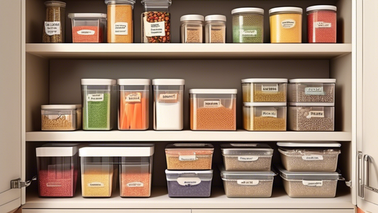 Create an image of a well-organized pantry shelf with multiple pantry shelf organizers such as stackable bins, labeled containers, spice racks, and pull-out drawers. The pantry should look tidy, clutter-free, and visually appealing, showcasing the ef