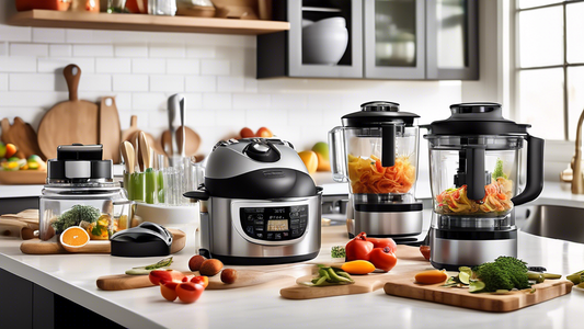 Create an image of a bustling kitchen scene with a variety of multi-functional kitchen gadgets displayed and being used by a busy mom. Showcase gadgets like a pressure cooker, blender, food processor, and air fryer, all helping to streamline meal pre