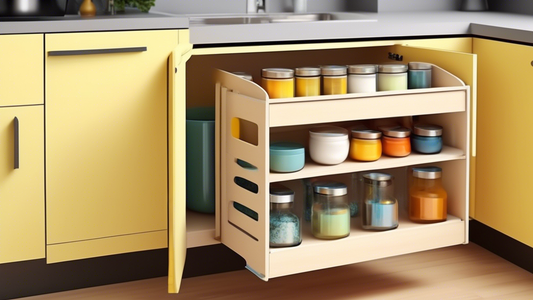 Create an image of a small kitchen cabinet with an adjustable shelf organizer showcasing how it maximizes space and organization. The image should highlight the benefits of using adjustable shelf organizers in small kitchens, such as efficient storag