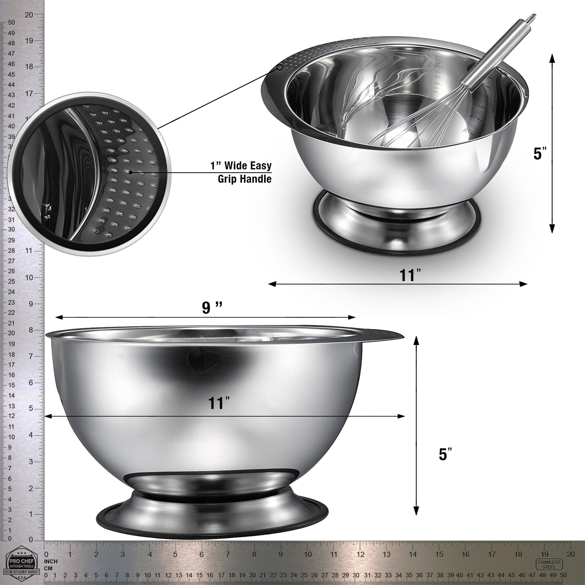 Pro Chef Kitchen Tools Stainless Steel Mixing Bowl - Heavy Duty, Large 3.5 Quart Capacity Wide Prep Bowl Easy To Clean, Oder and Stain Resistant, Retains Heat, Skid Proof Includes Bonus Wire Whisk - Pro Chef Kitchen Tools