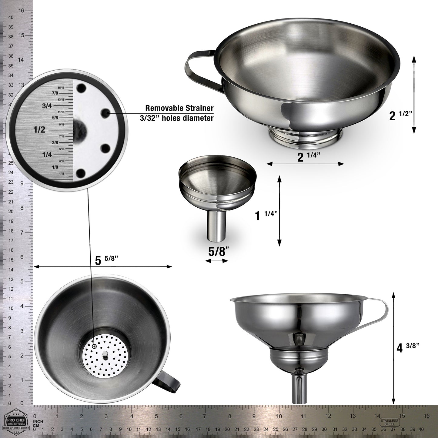 Pro Chef Kitchen Tools Stainless Steel Large Metal Funnel - 2 in 1 Combo Set for Cooking, Canning, Oils, Wine with Removable Strainer Converts to Wide Mouth Funnel when Small Funnel Detached - Pro Chef Kitchen Tools