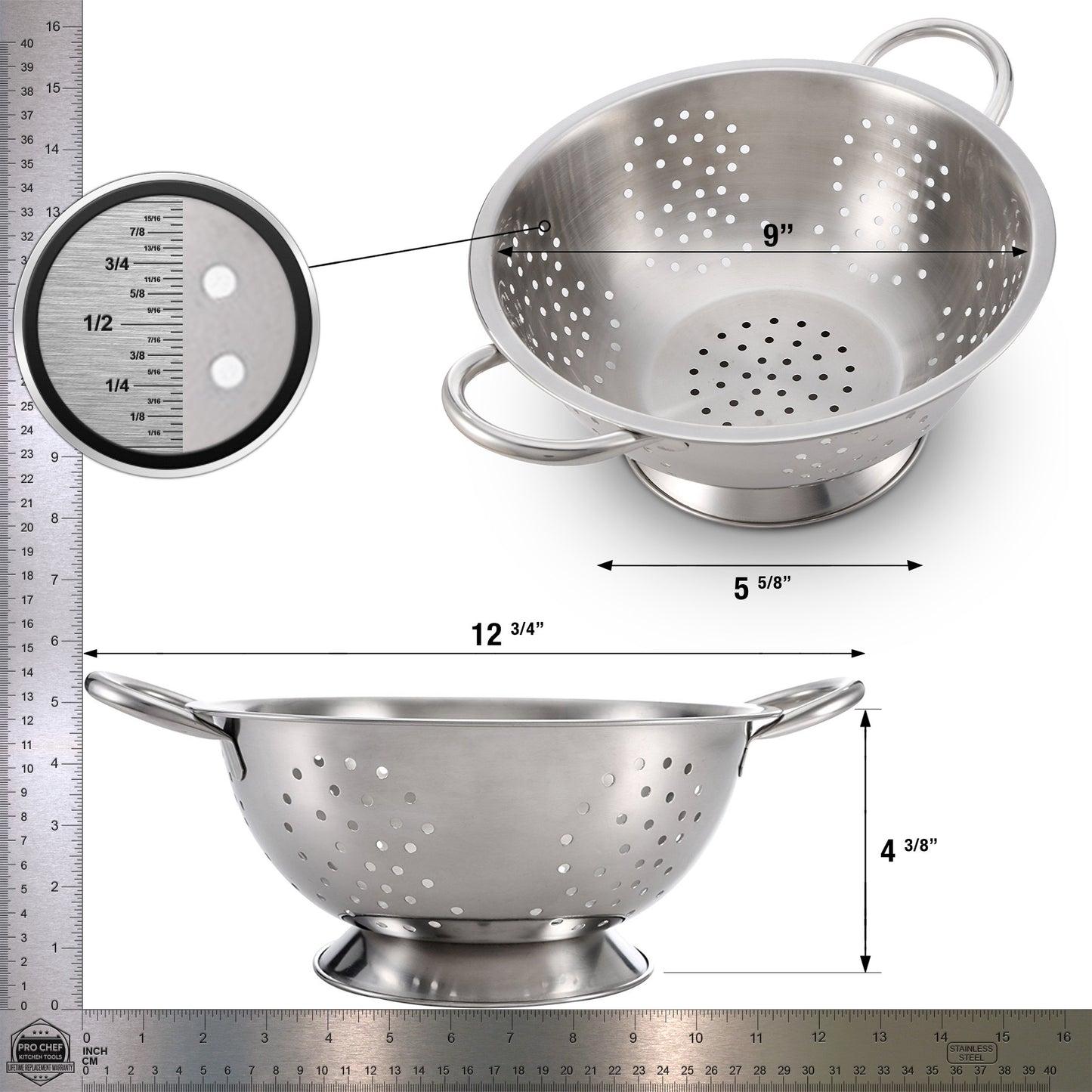 Pro Chef Kitchen Tools Stainless Steel Colander Strainer - Metal Kitchen Sink Pasta Drainer with Wide Grip Basket Handles to Strain Large Pots Noodles, Wash Berries, Fruits, Vegetables, Salads - Pro Chef Kitchen Tools