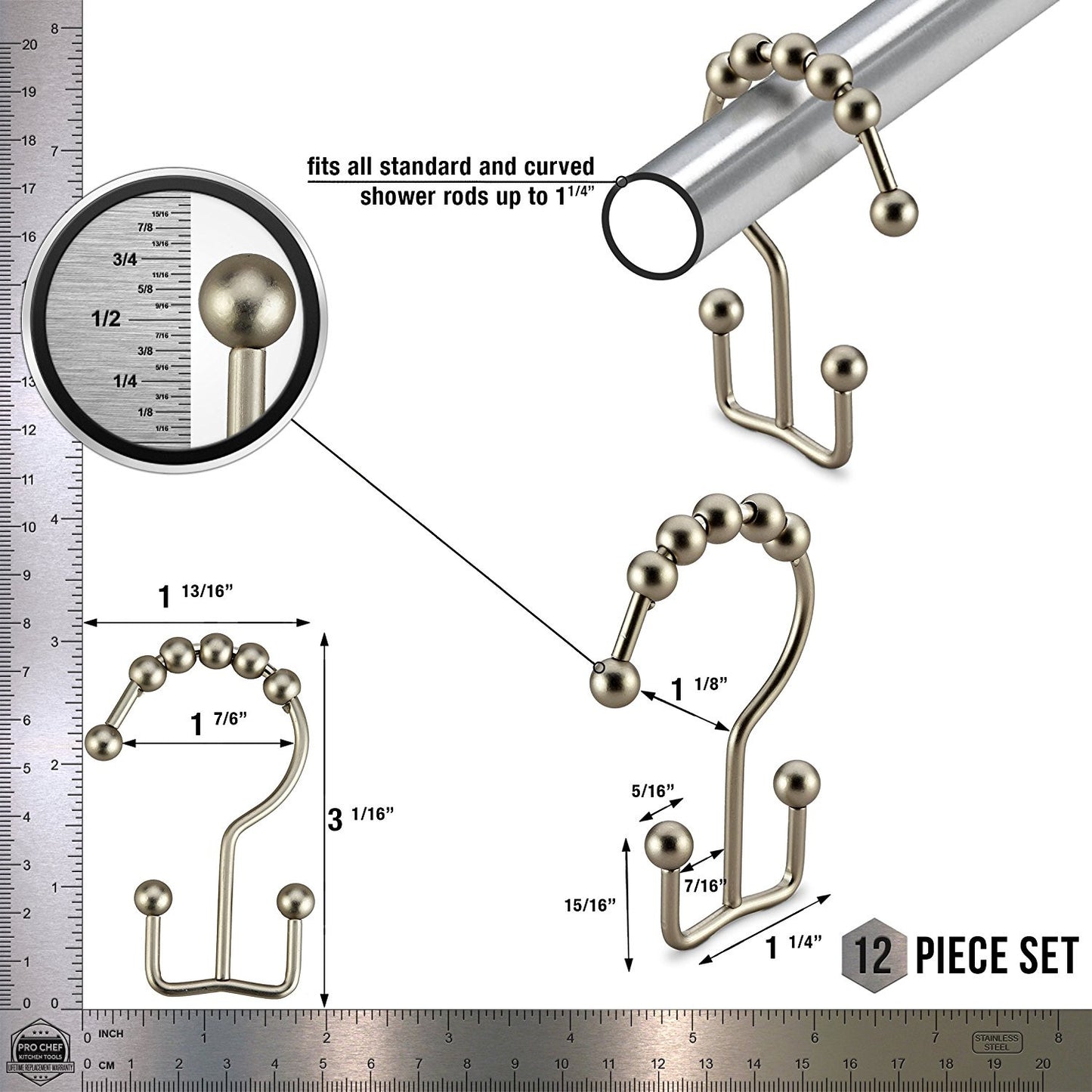 Pro Chef Kitchen Tools Brushed Nickel Roller Shower Curtain Rings - 12 Pack Set of Double Hook Rollerball for Liners and Curtains to Smoothly Glide Open and Closed on Straight and Curved Rods - Pro Chef Kitchen Tools