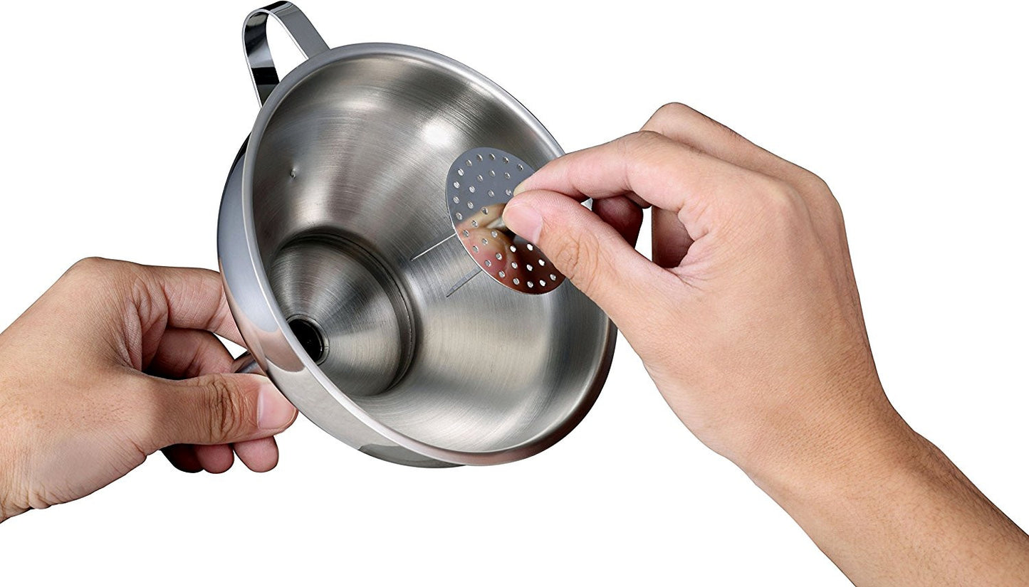 Pro Chef Kitchen Tools Stainless Steel Large Metal Funnel - 2 in 1 Combo Set for Cooking, Canning, Oils, Wine with Removable Strainer Converts to Wide Mouth Funnel when Small Funnel Detached - Pro Chef Kitchen Tools