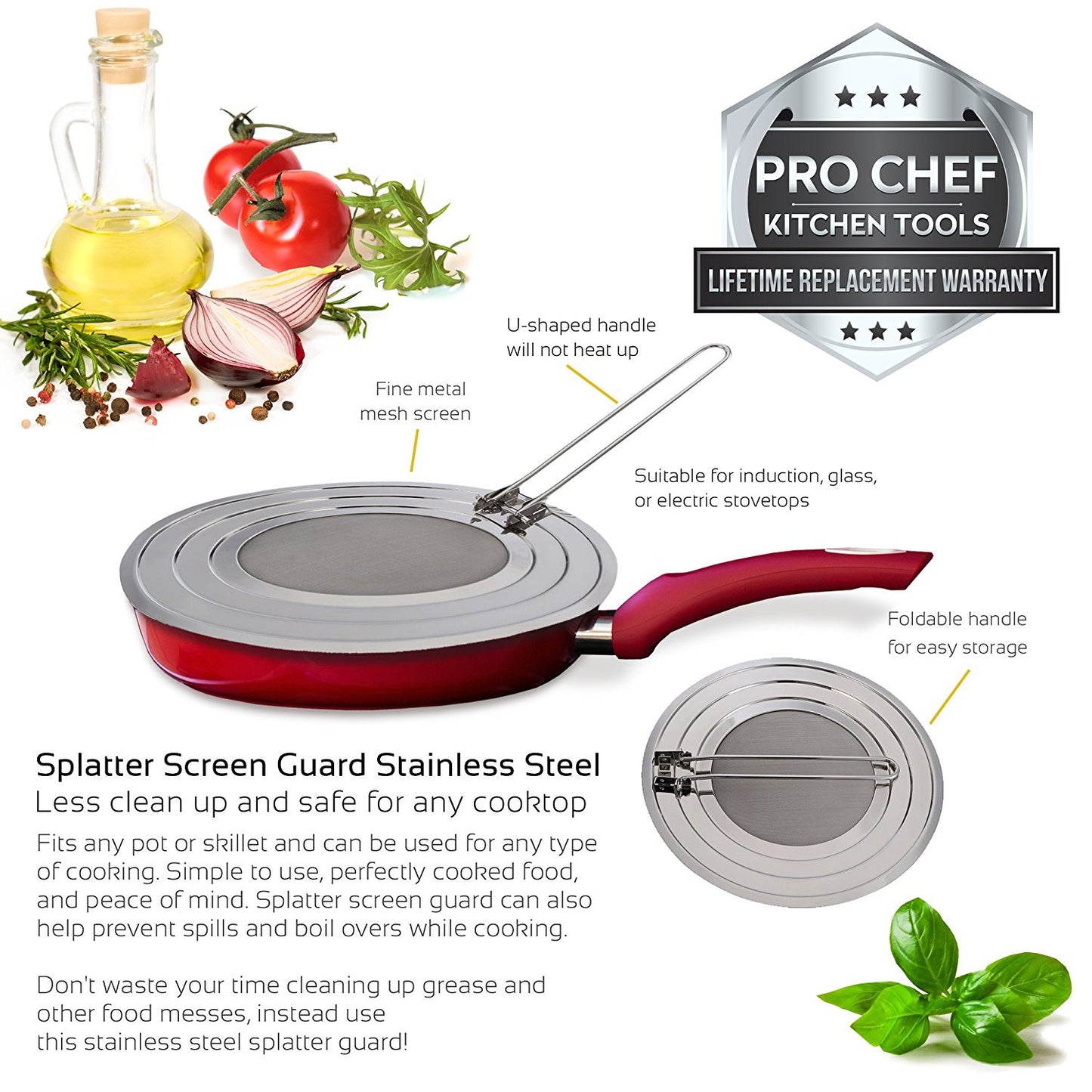 Pro Chef Kitchen Tools Stainless Steel Grease Splatter Screen - Eliminate Mess and Prevent Hot Oil Burns and Stains When Pan Frying Bacon or Sauteing With Instant Pot As a Replacement Lid - Pro Chef Kitchen Tools