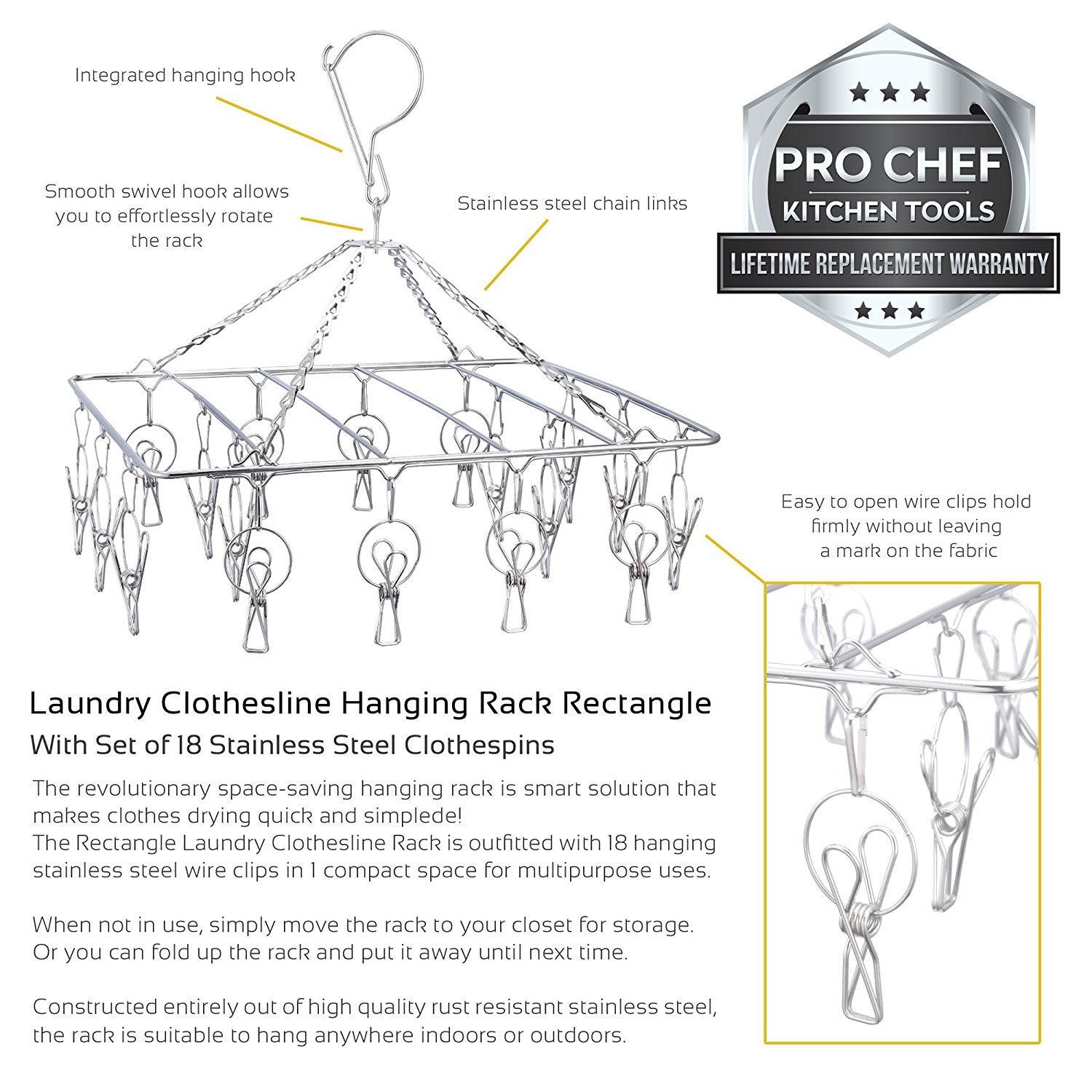 Hang Tight White Plastic Hanger with Clothesline Clips - Pack 5