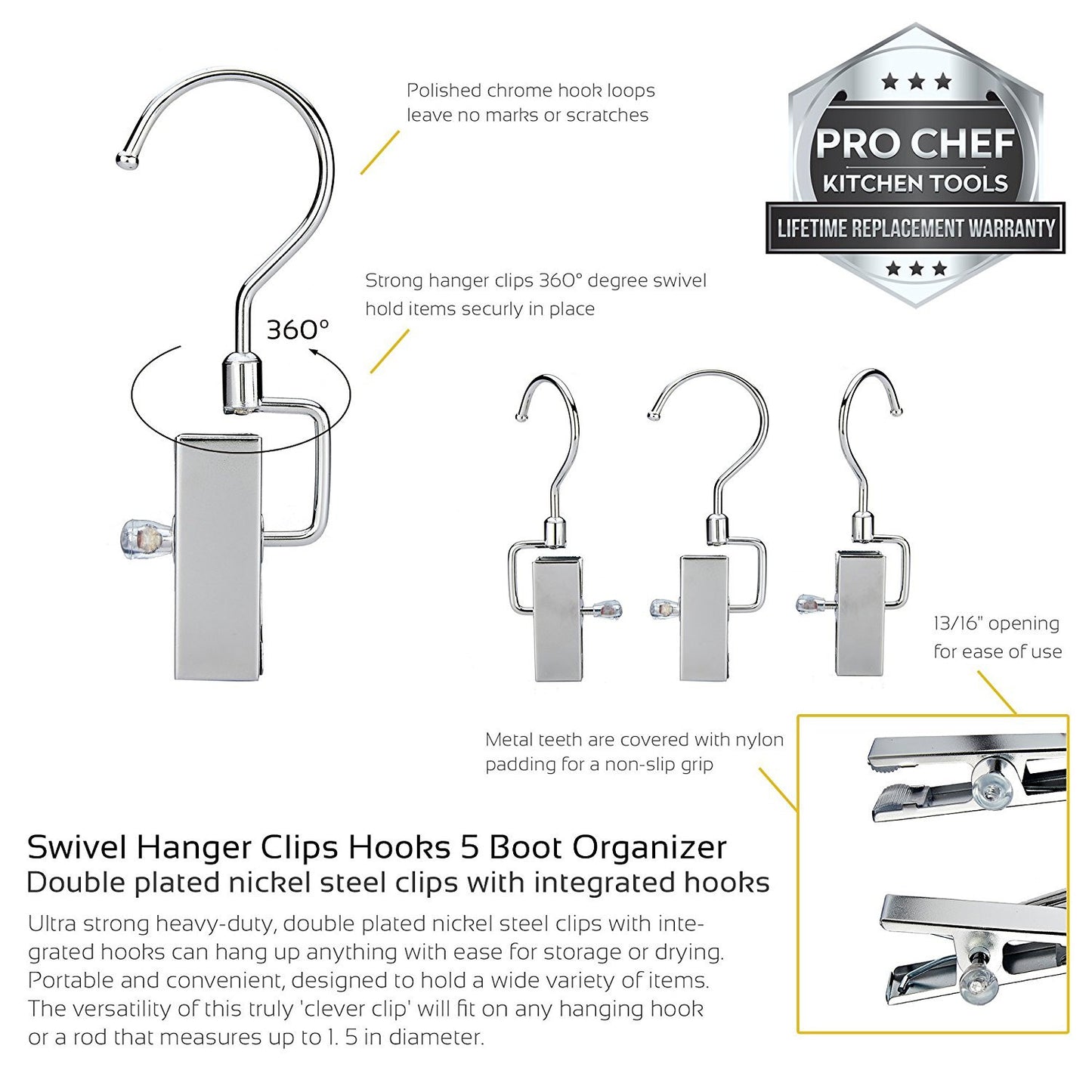 Pro Chef Kitchen Tools Stainless Steel Hanging Swivel Clip Hook - Set of 10 Swiveling Spring Clips with Hooks to Display Hang Boots, Caps, Hats, Laundry Hanger Metal Clothespin Clamps Replacement - Pro Chef Kitchen Tools