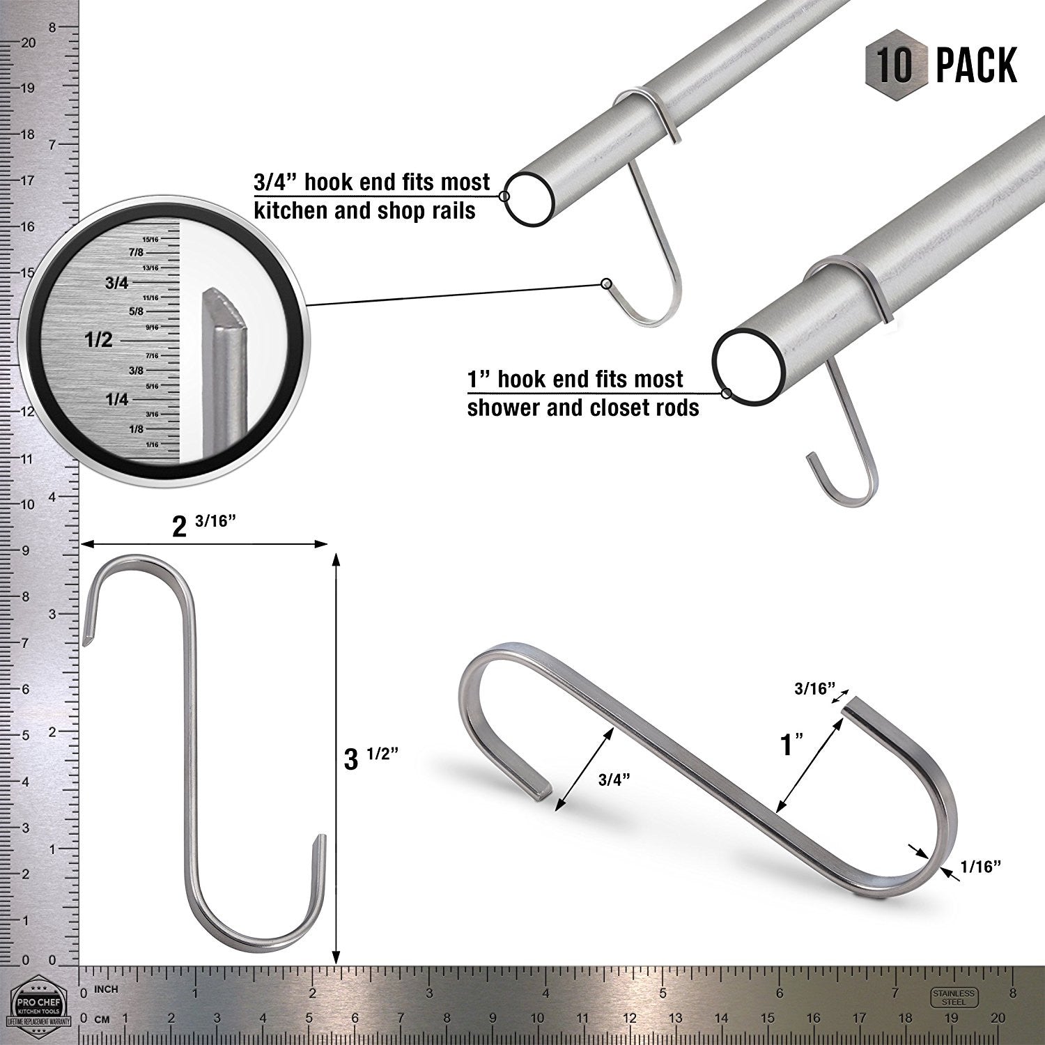 Flat Hanging Hooks - Pot Racks S Hook 10 Pack Set - Pro Chef Kitchen Tools