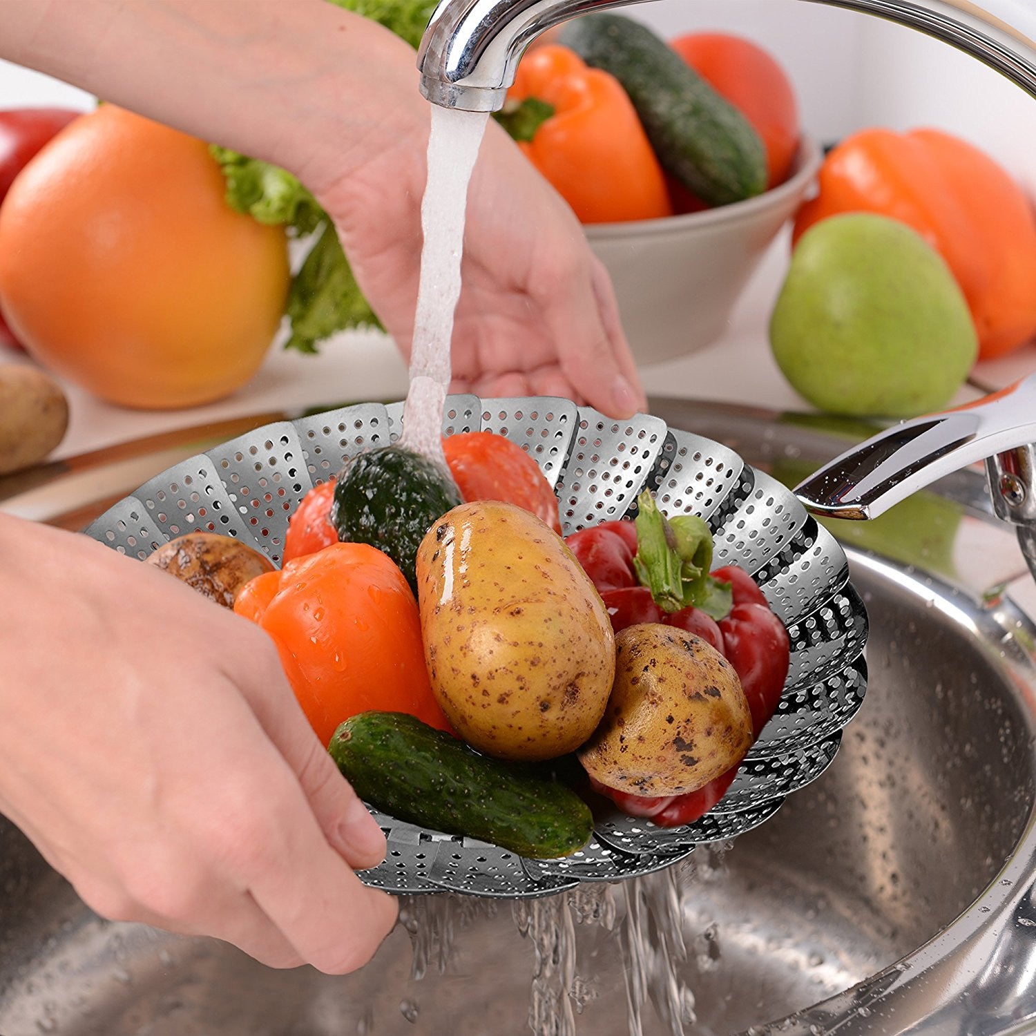 Pro Chef Kitchen Tools Stainless Steel Vegetable Steamer Basket - Set of 2 Collapsible Folding Steamers to Fit All Instant Pot Pressure Cookers and Stove Top Pots for Perfect Veggies - Pro Chef Kitchen Tools