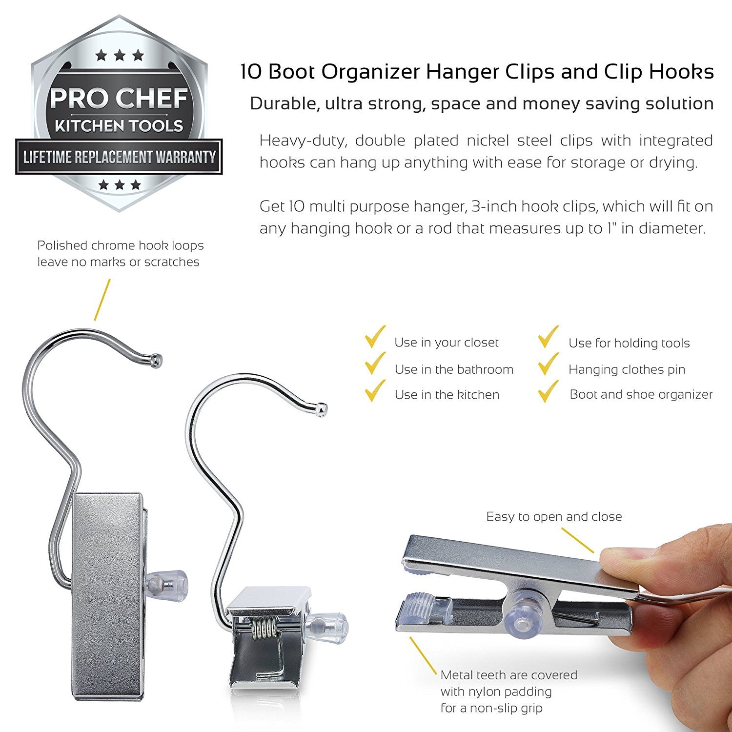 Pro Chef Kitchen Tools Stainless Steel Hanging Clip Hook - Set of 10 Brushed Nickel Clips to Organize and Hold Boots, Ball Caps, Baseball Hats, Laundry Hanger Metal Spring Clothespin Replacement - Pro Chef Kitchen Tools