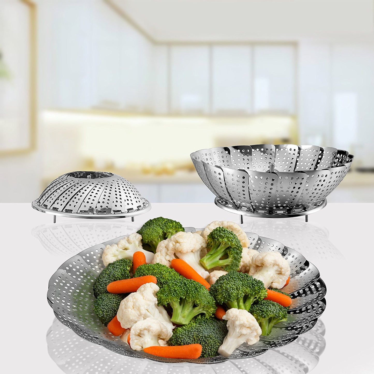 Pro Chef Kitchen Tools Stainless Steel Vegetable Steamer Basket - Set of 2 Collapsible Folding Steamers to Fit All Instant Pot Pressure Cookers and Stove Top Pots for Perfect Veggies - Pro Chef Kitchen Tools