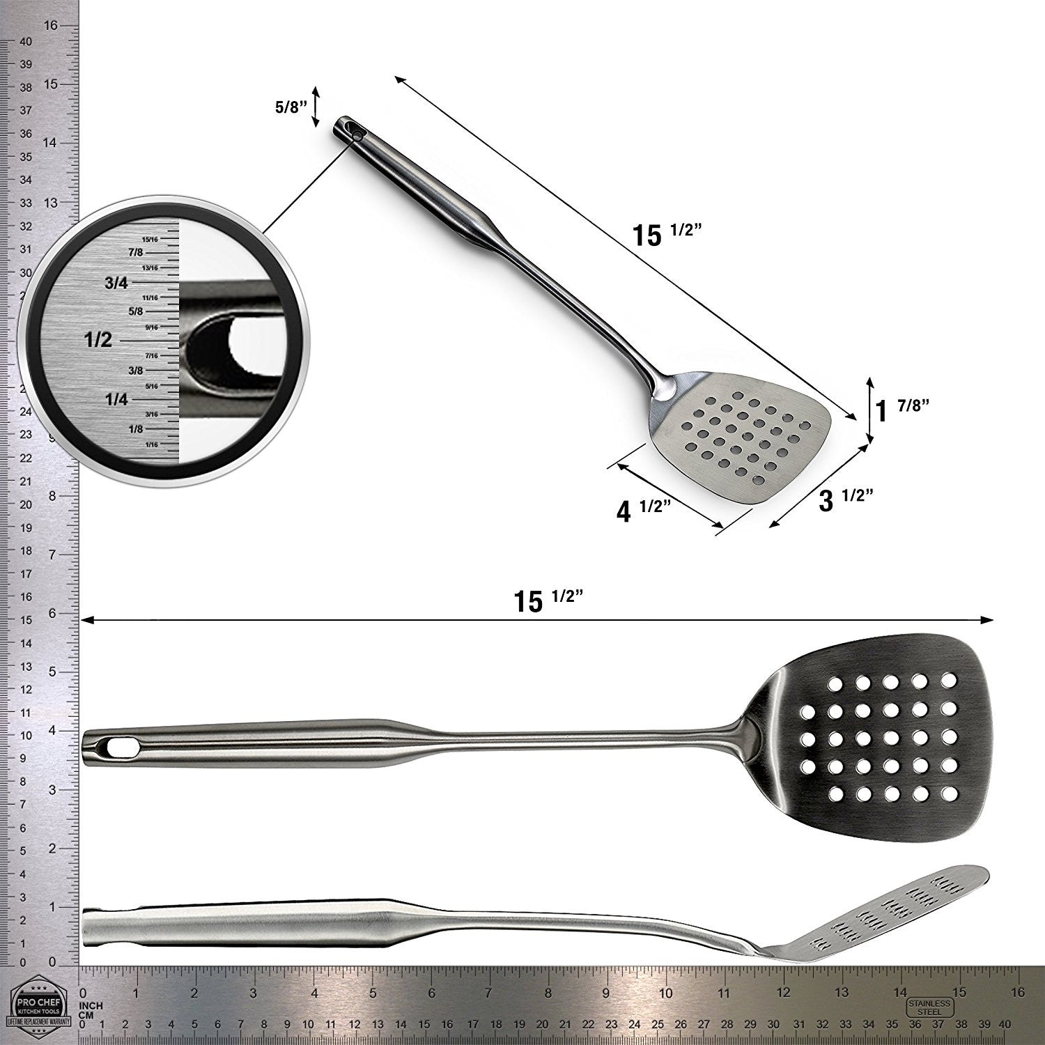 Pro Chef Kitchen Tools Stainless Steel Perforated Turner Spatula - Flipper with Drain Hole to Cook and Serve Fish, Burgers, Eggs, Pancakes and Holes Allow the Food to Easily Slide Off - Pro Chef Kitchen Tools