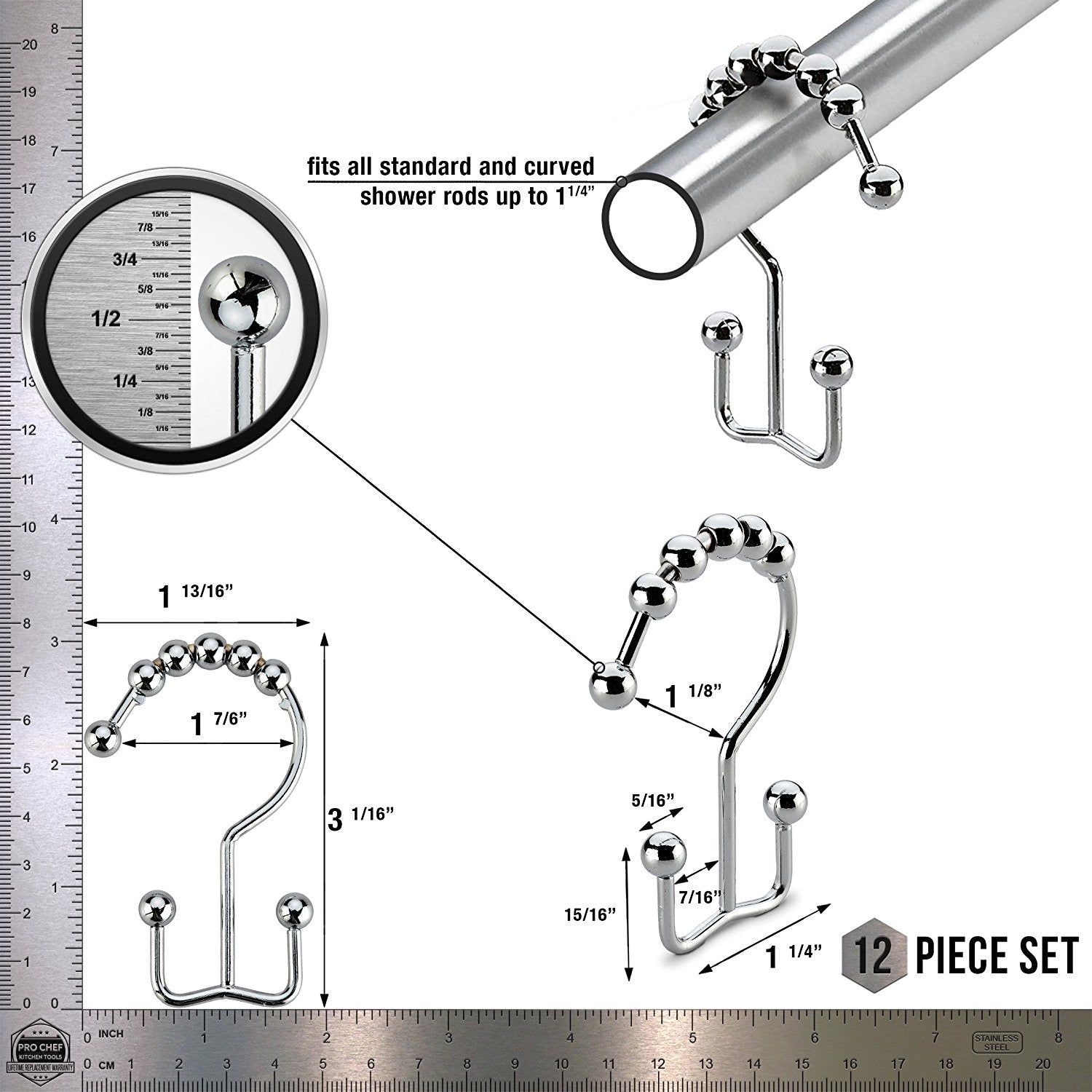 Shower Curtain Rings -12 Pack Set Of Double Polished Chrome Roller Ball Shower Curtain Hooks - Hang Both Beach Shower Liners And Bathroom Curtains On Straight And Curved Rods by Pro Chef Kitchen Tools - Pro Chef Kitchen Tools