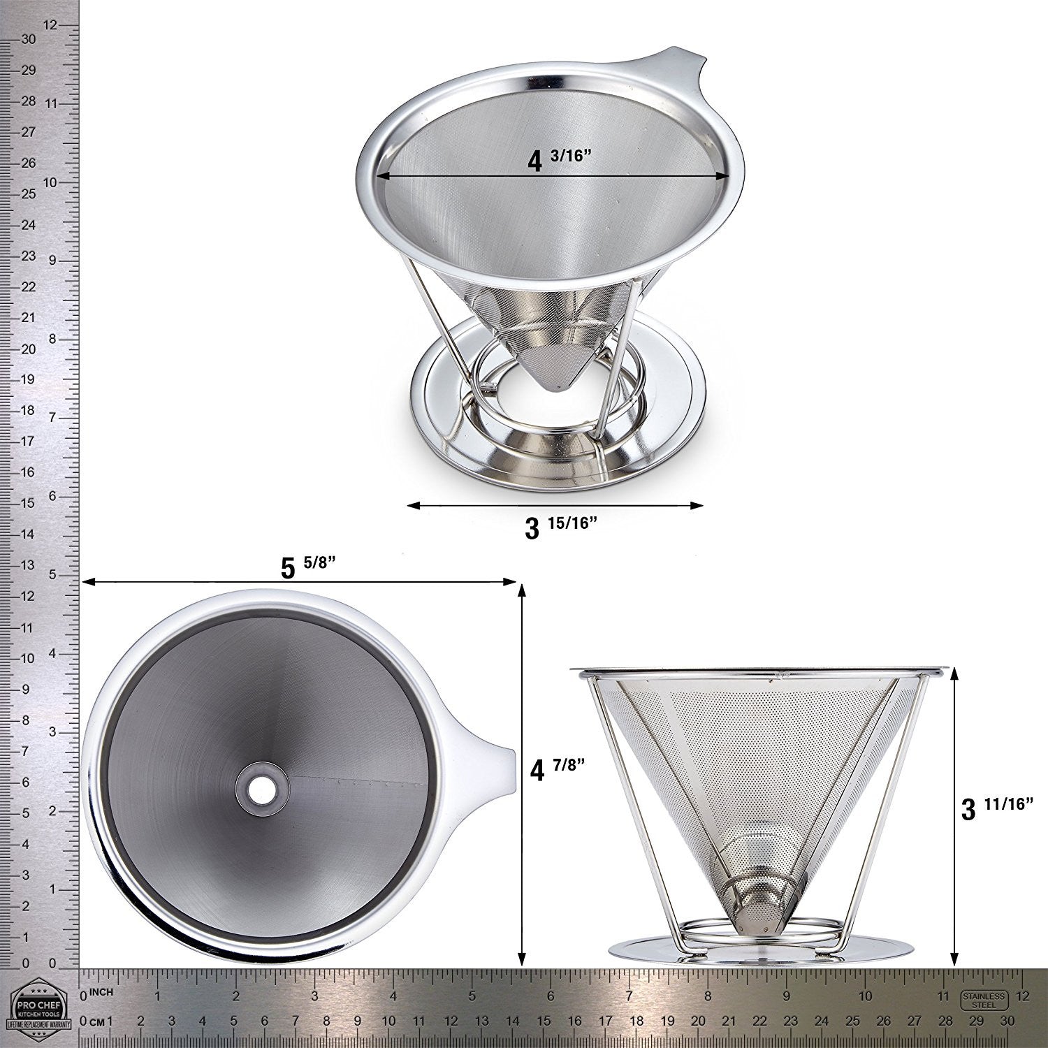 Pro Chef Kitchen Tools Stainless Steel Pour Over Coffee Maker - Reusable Cone Shaped Dripper Filter for Paperless Single Cup Brewed Hot or Cold Coffee and Loose Leaf Herbal Teas - Pro Chef Kitchen Tools