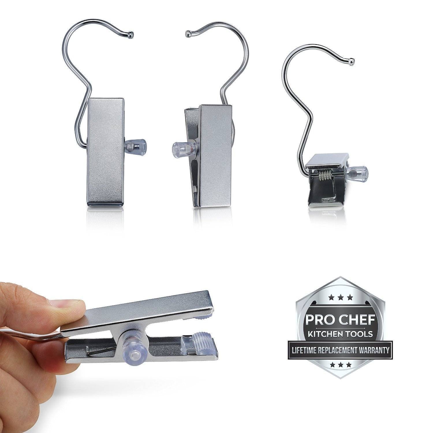 Pro Chef Kitchen Tools Stainless Steel Hanging Clip Hook - Set of 10 Brushed Nickel Clips to Organize and Hold Boots, Ball Caps, Baseball Hats, Laundry Hanger Metal Spring Clothespin Replacement - Pro Chef Kitchen Tools