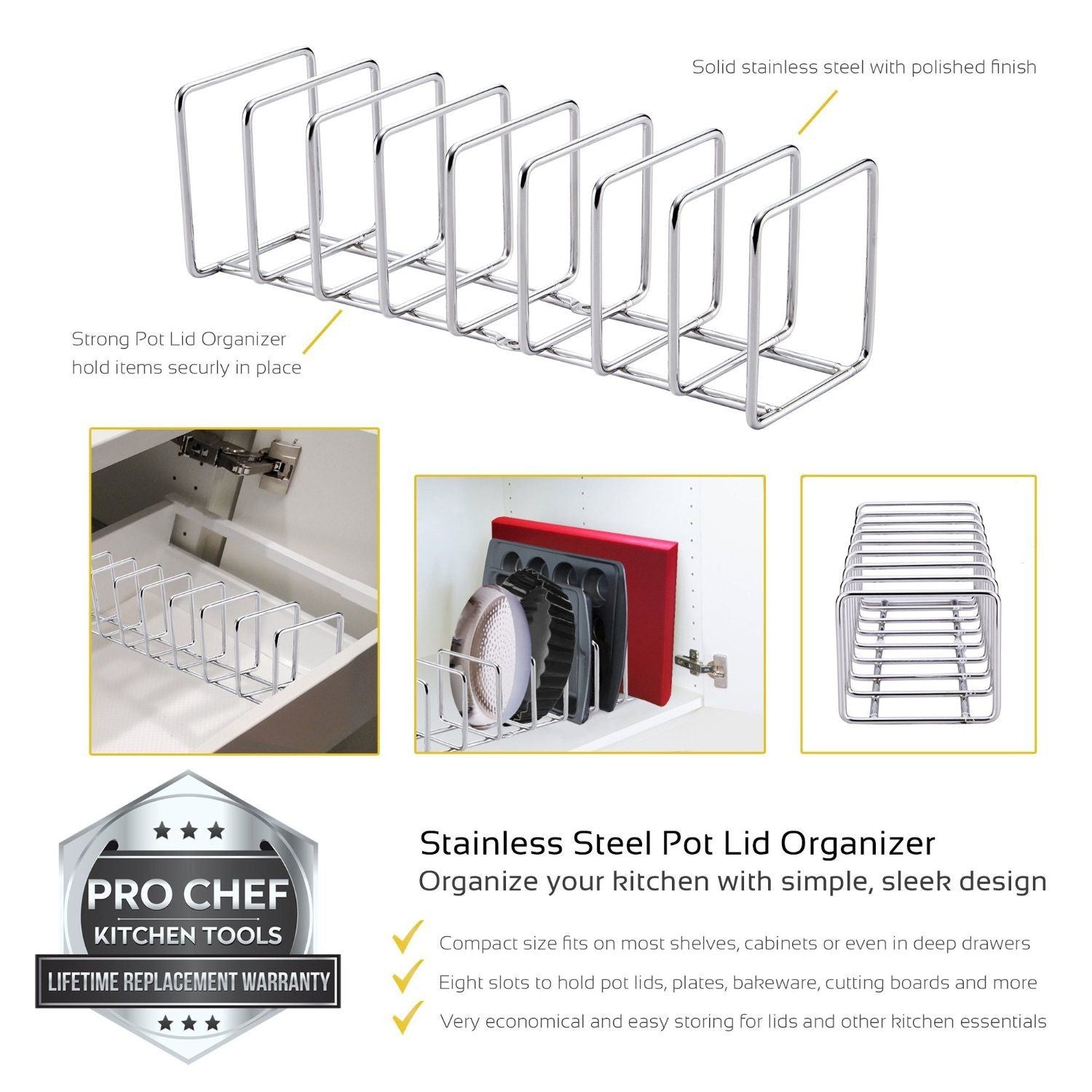 Pro Chef Kitchen Tools Stainless Steel Pot Lid Organizer - Keep Your  Cabinets Organized with Metal Vertical Storage Shelf To Hold Pan Lids,  Plates, Dishes, Cutting Boards – Pro Chef Kitchen Tools
