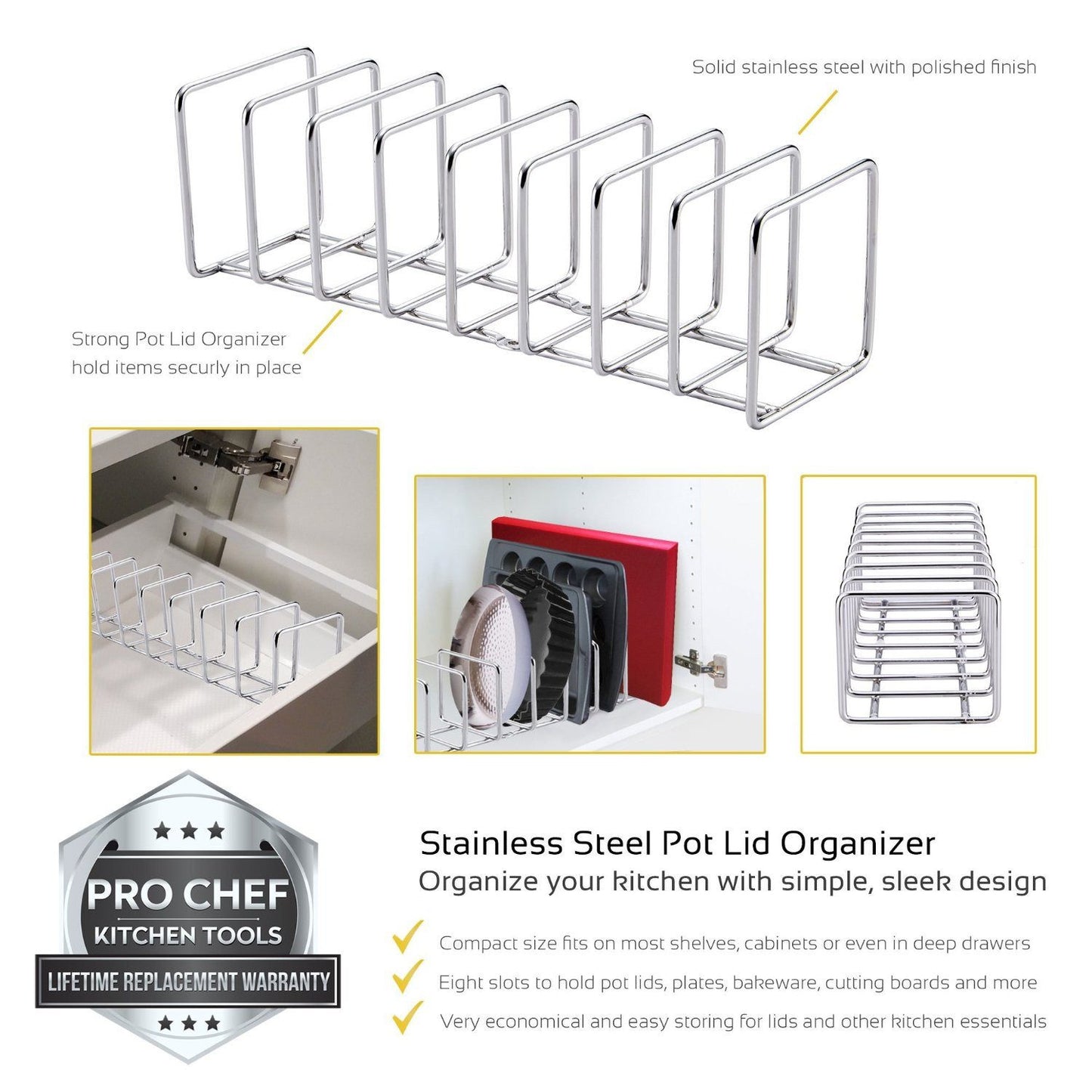 Pro Chef Kitchen Tools Stainless Steel Pot Lid Organizer - Keep Your Cabinets Organized with Metal Vertical Storage Shelf To Hold Pan Lids, Plates, Dishes, Cutting Boards - Pro Chef Kitchen Tools