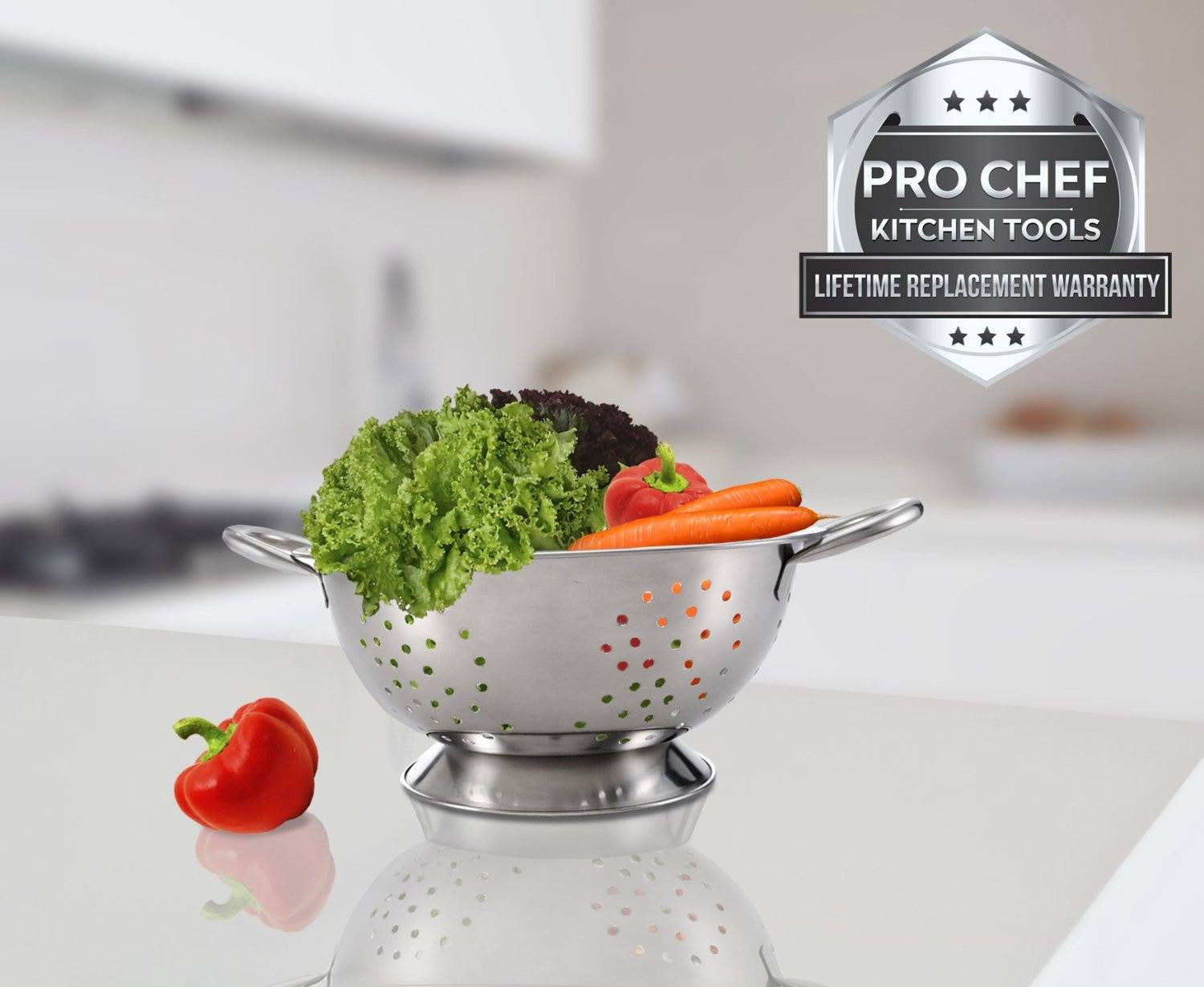 Pro Chef Kitchen Tools Stainless Steel Colander Strainer - Metal Kitchen Sink Pasta Drainer with Wide Grip Basket Handles to Strain Large Pots Noodles, Wash Berries, Fruits, Vegetables, Salads - Pro Chef Kitchen Tools