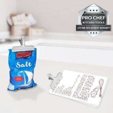 Pro Chef Kitchen Tools Stainless Steel Chip Bag Clip - Set of 6 Heavy Duty, Wide Jaw Bulldog Binder Clips for a Tight Grip Seal on Potato Chips, Coffee Bags, Fresh Food Storage - Pro Chef Kitchen Tools