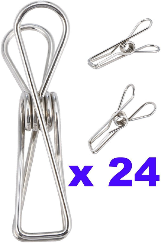 Laundry Clothes Pins - Clothesline Clips - Travel Clothes Line Stainless Steel Wire Metal Laundry Clip - Set Of 24 Indoor Outdoor Hanger Clamps - Chip Bag Clips - Office Binder by Pro Chef Kitchen Tools - Pro Chef Kitchen Tools