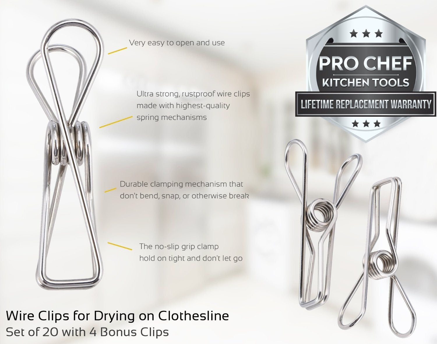 Laundry Clothes Pins - Clothesline Clips - Travel Clothes Line Stainless Steel Wire Metal Laundry Clip - Set Of 24 Indoor Outdoor Hanger Clamps - Chip Bag Clips - Office Binder by Pro Chef Kitchen Tools - Pro Chef Kitchen Tools